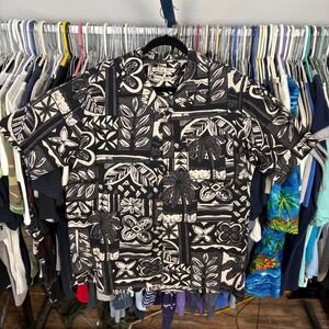 Batik Bay Mens Medium Black White 100% Silk Tropical Tribal Camp Shirt S/S